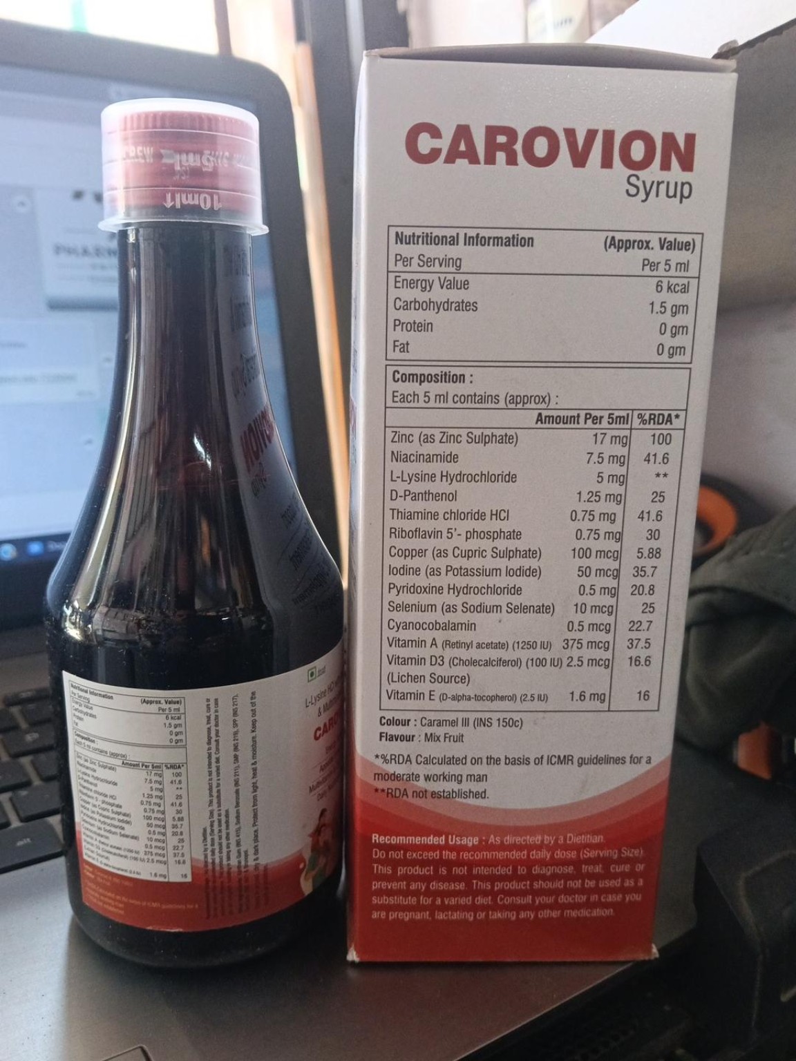 Actual Carovion Syrup carton showing composition and nutritional information